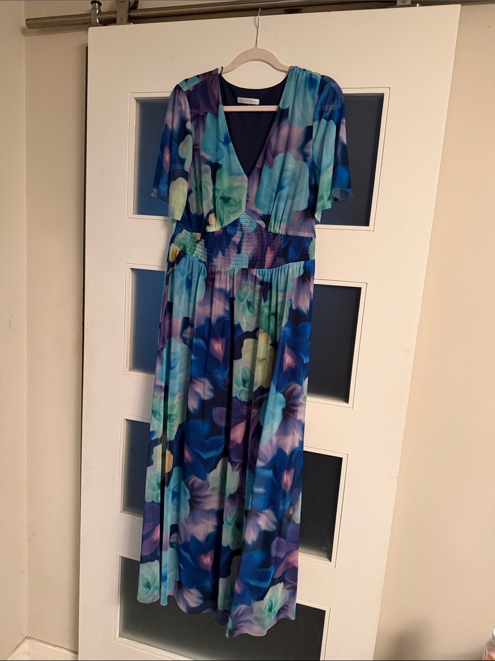 London Times Floral V-Neck Maxi Dress in Blue, Teal & Purple